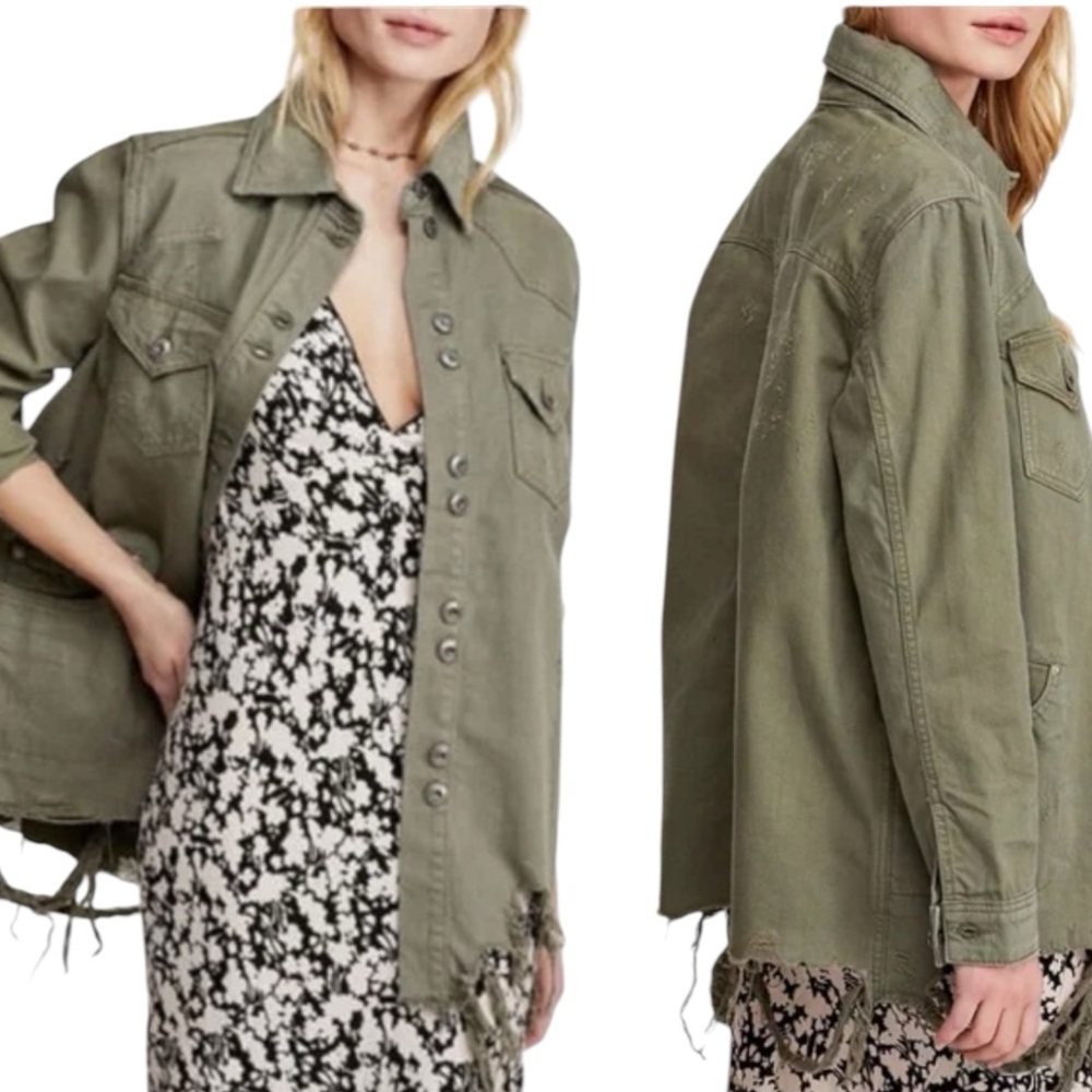 Awesome Free People Moonchild distressed shirt jacket olive army green XS S NEW